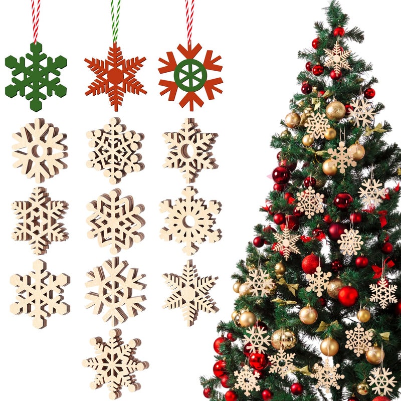 Blulu 50 Pieces Christmas Unfinished Wooden Snowflake Ornaments 3.1 Inch Snowflake Hanging Cutouts Blank Wood Slices with Twine Rope Embellishments for Craft Tree Decorations Winter Party Supplies - Image 1